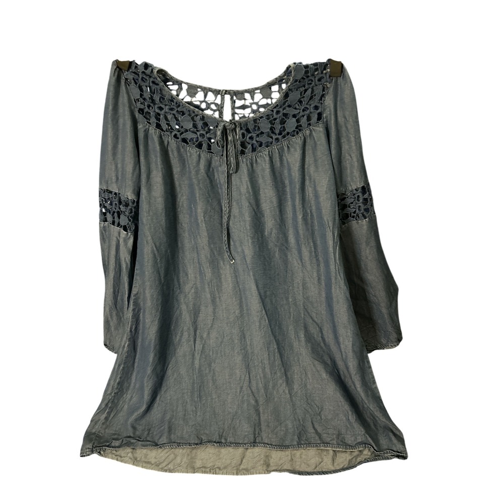 Soulmates Blue Cottagecore Crochet Lace Denim Look Tunic Top XS Boho BellSleeve